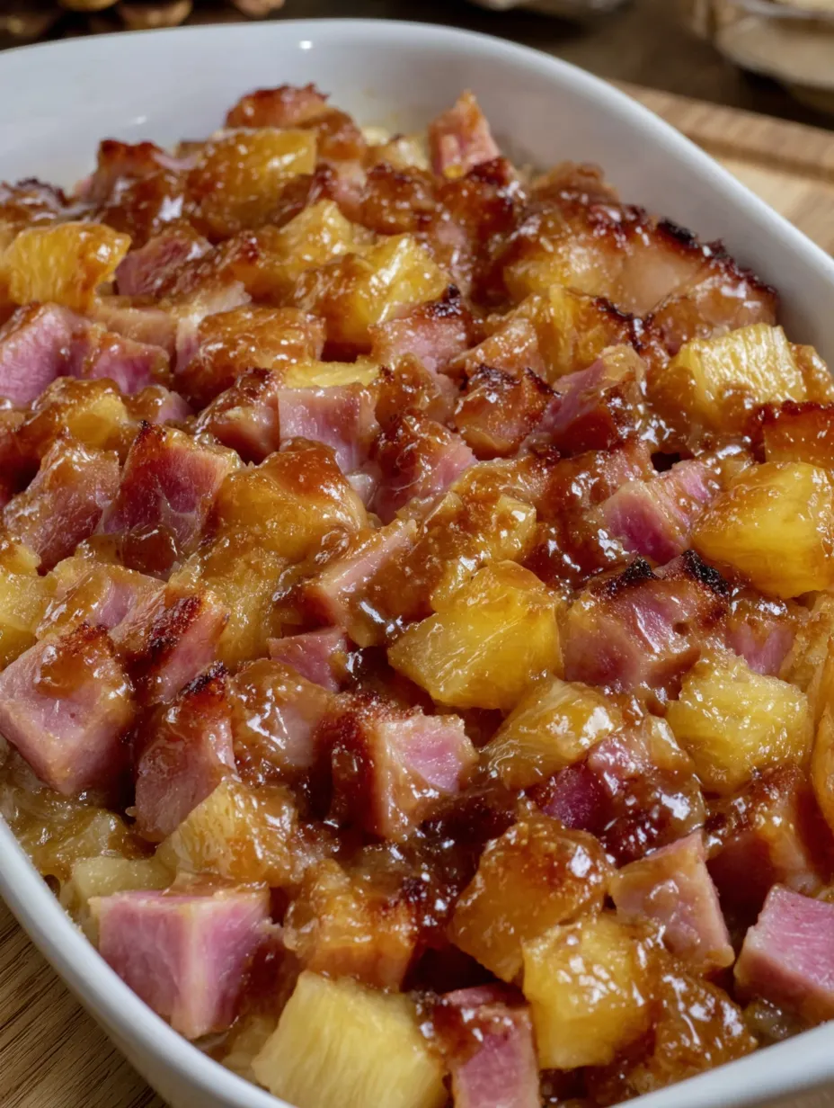 A dish of ham with brown sugar and pineapple.