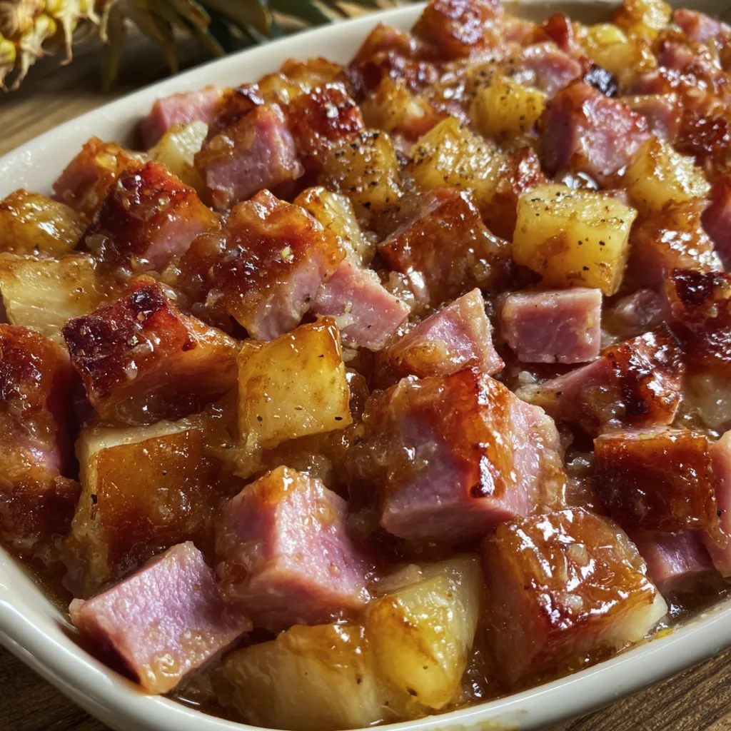 A dish of ham and pineapple.