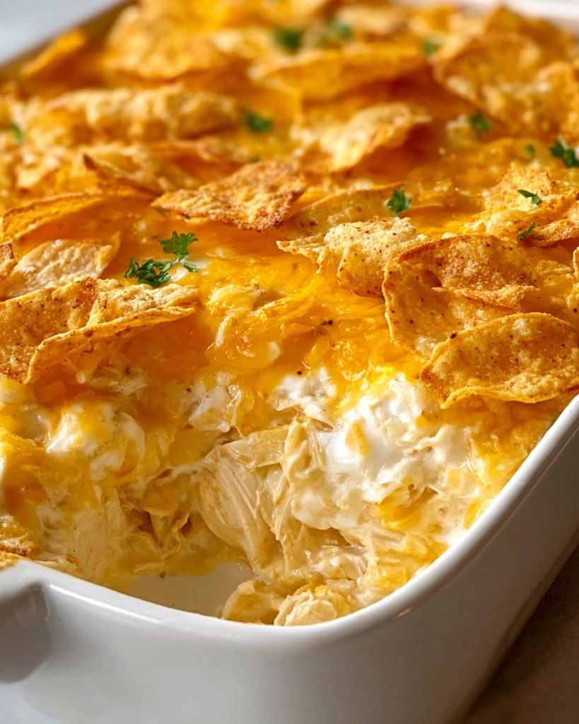 A dish of food with chips on top.