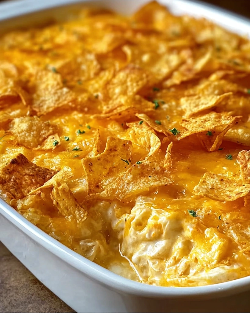 A bowl of food with chips on top.