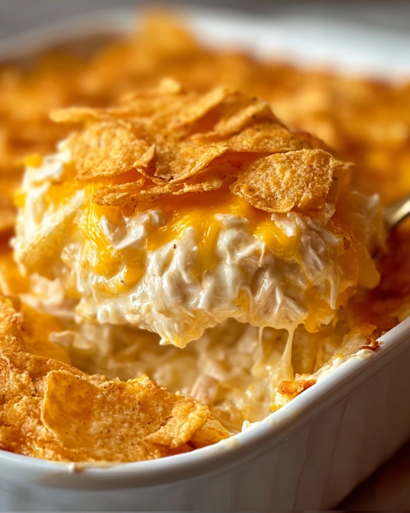 A close up of a casserole with chips on top.