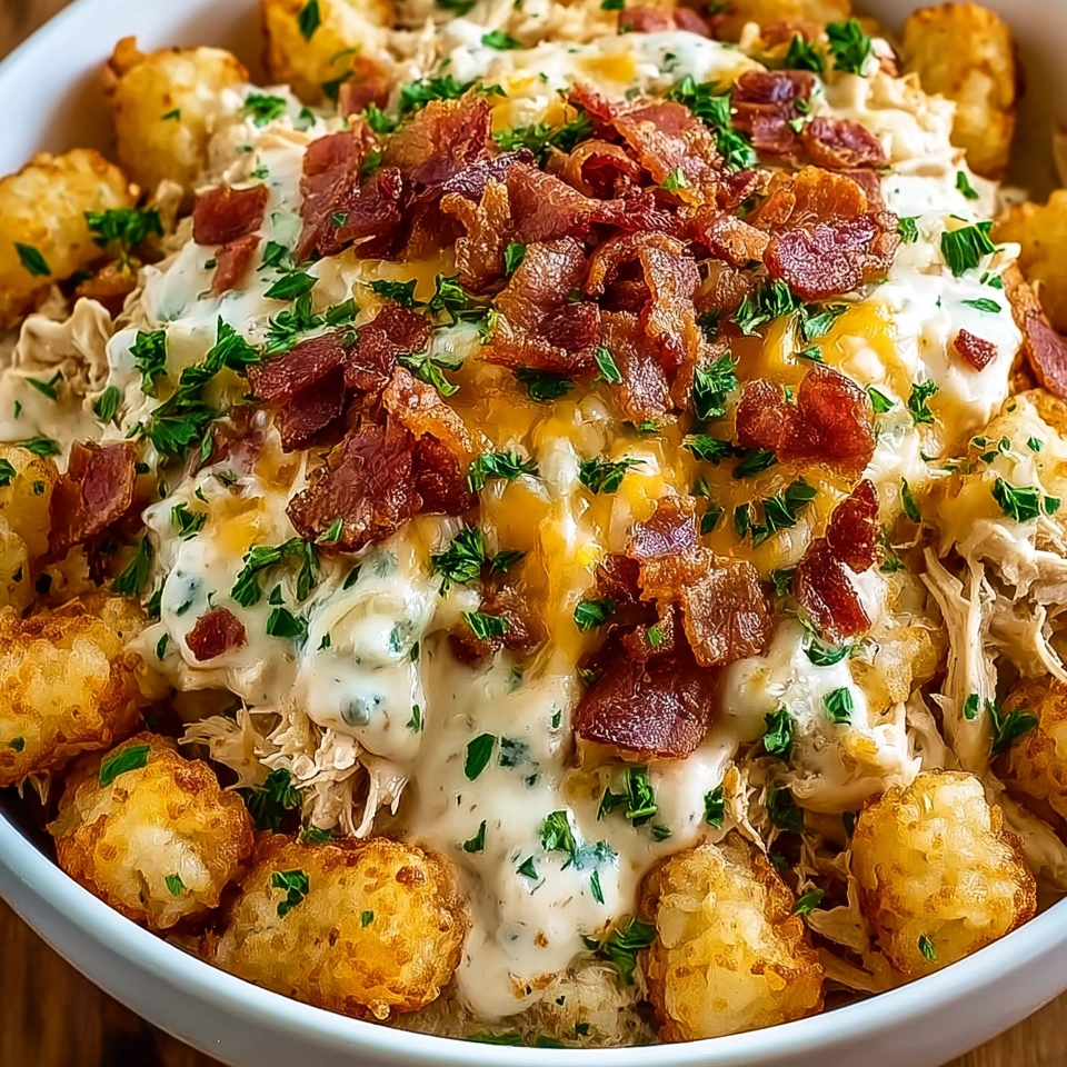 A bowl of chicken bacon ranch tater tot casserole.