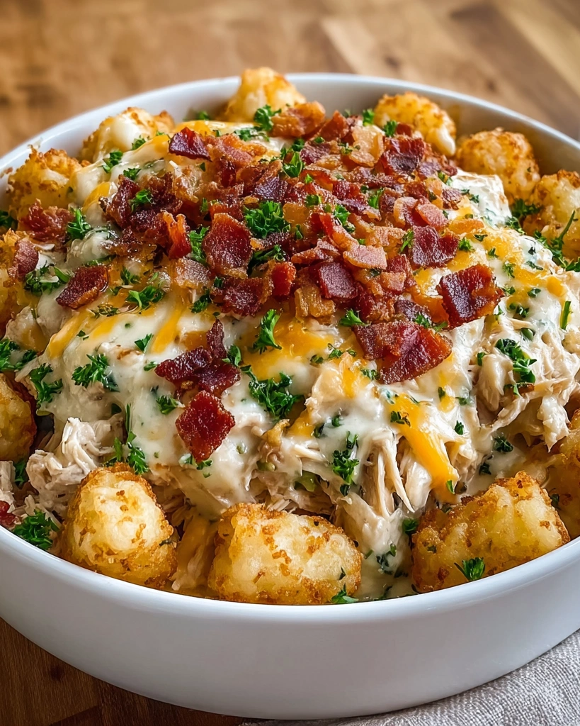 A bowl of chicken bacon ranch tater tot casserole.
