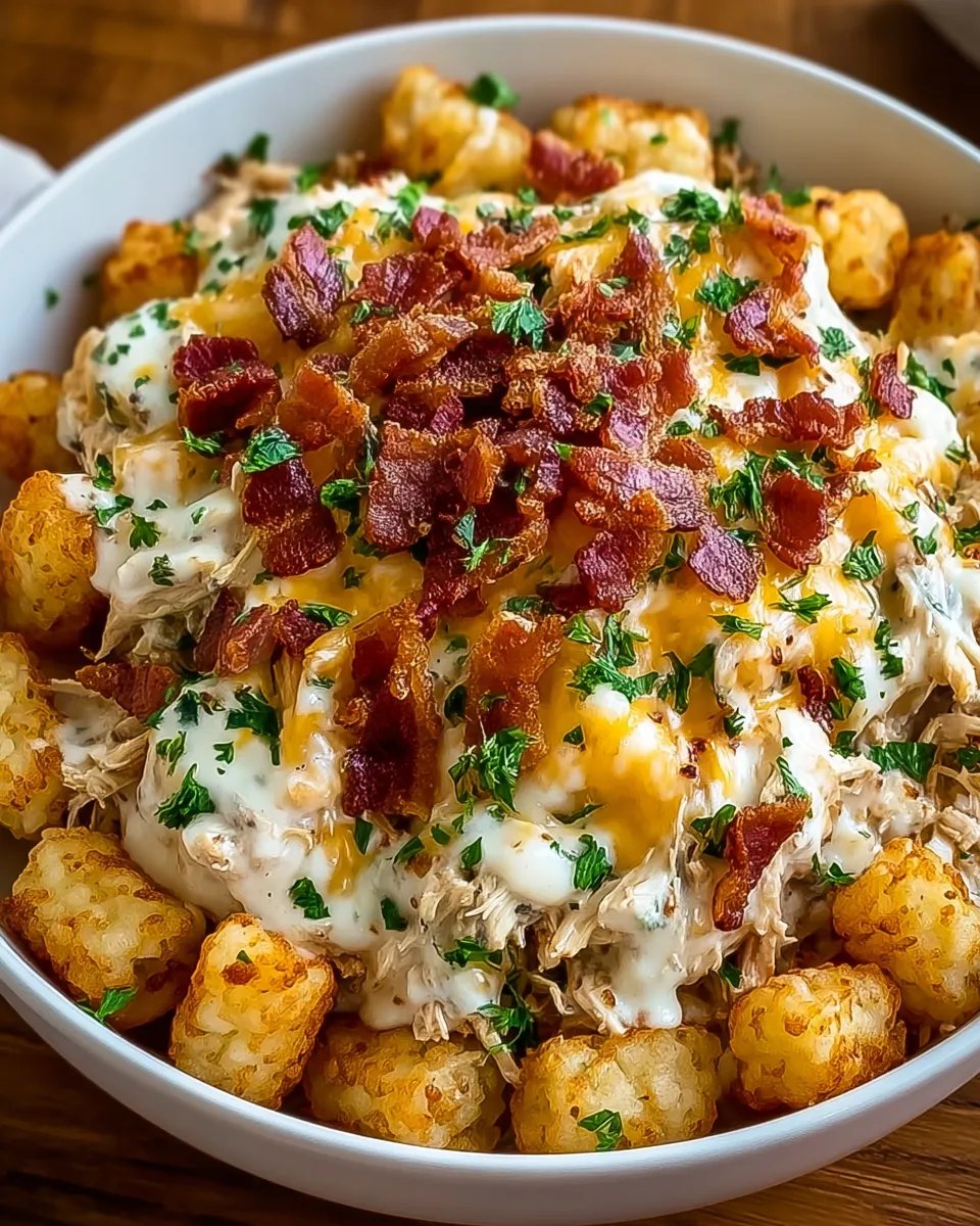 A bowl of chicken bacon ranch tater tot casserole.