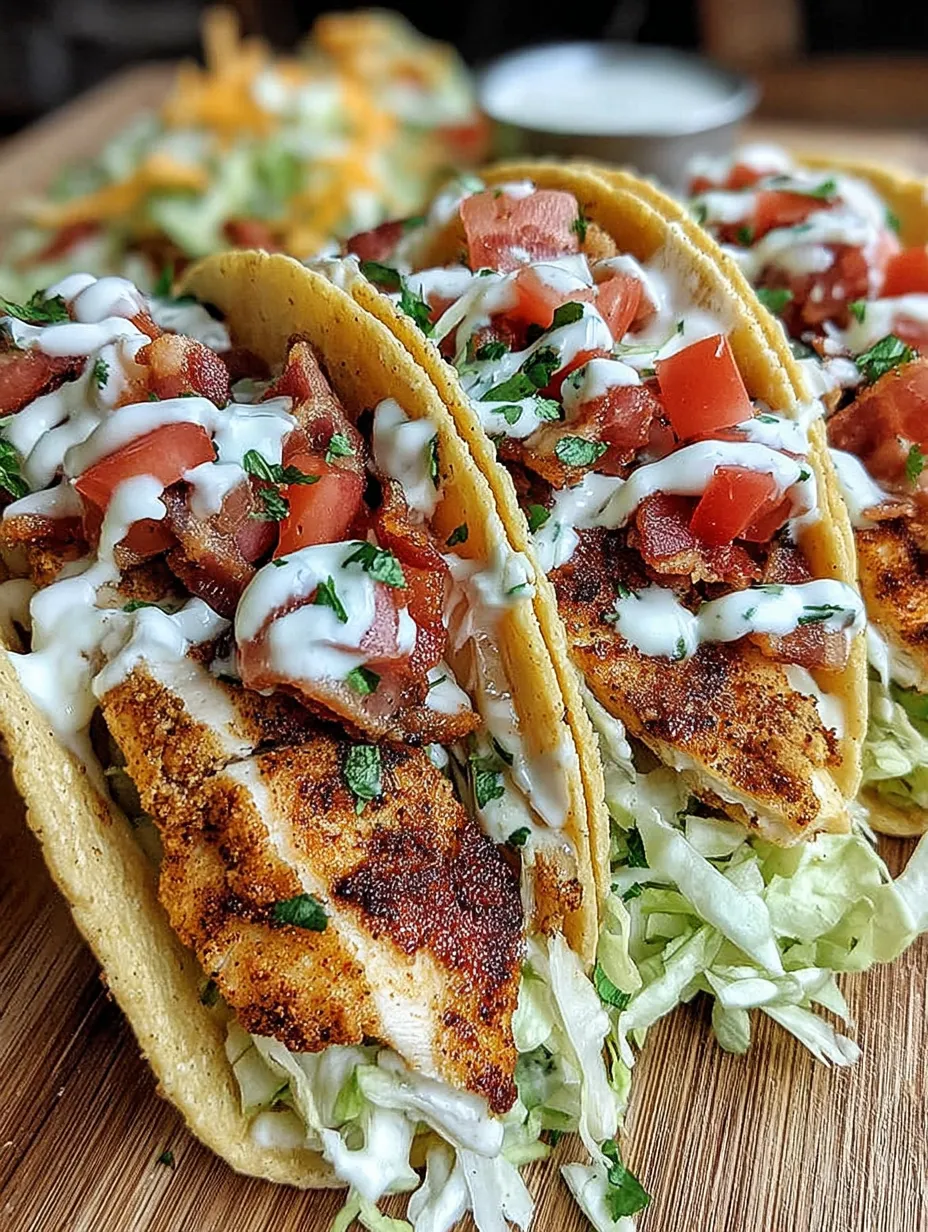 Chicken Bacon Ranch Tacos on a wooden table.