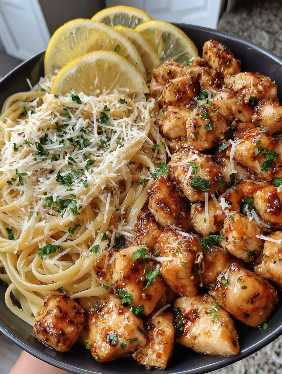 A bowl of chicken and pasta with lemon and garlic.