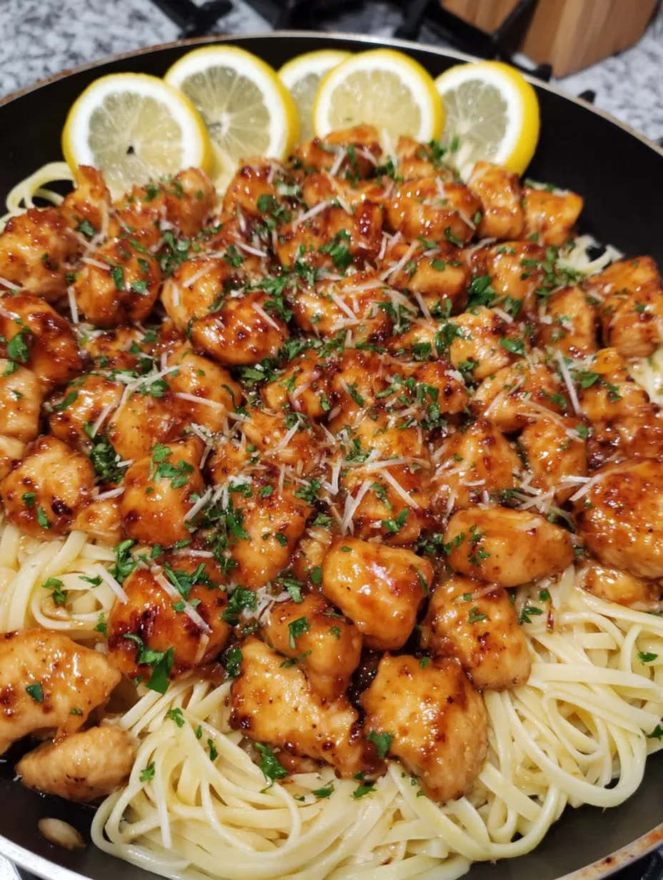 A plate of chicken with lemon, garlic, and butter.