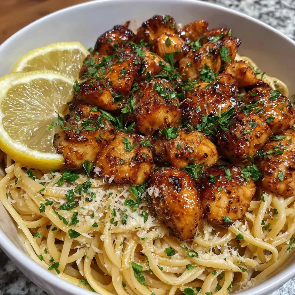 A bowl of chicken and pasta with a lemon wedge on top.