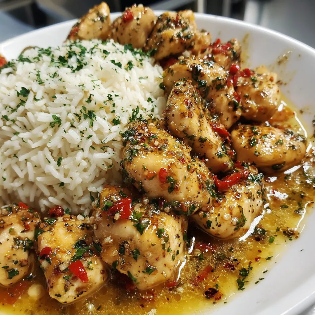 A plate of chicken scampi with creamy garlic parmesan rice.