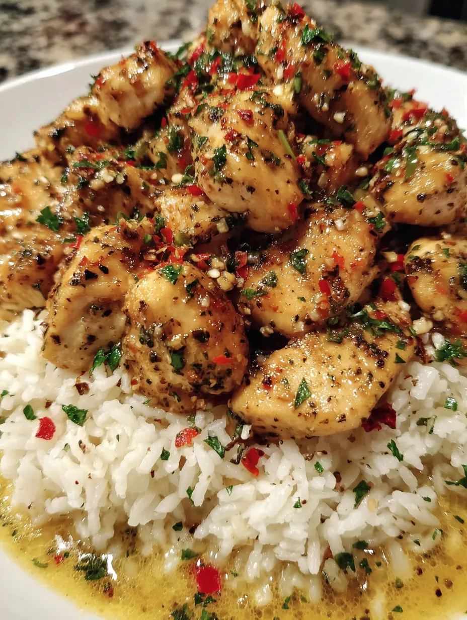 A plate of chicken scampi with creamy garlic parmesan rice.