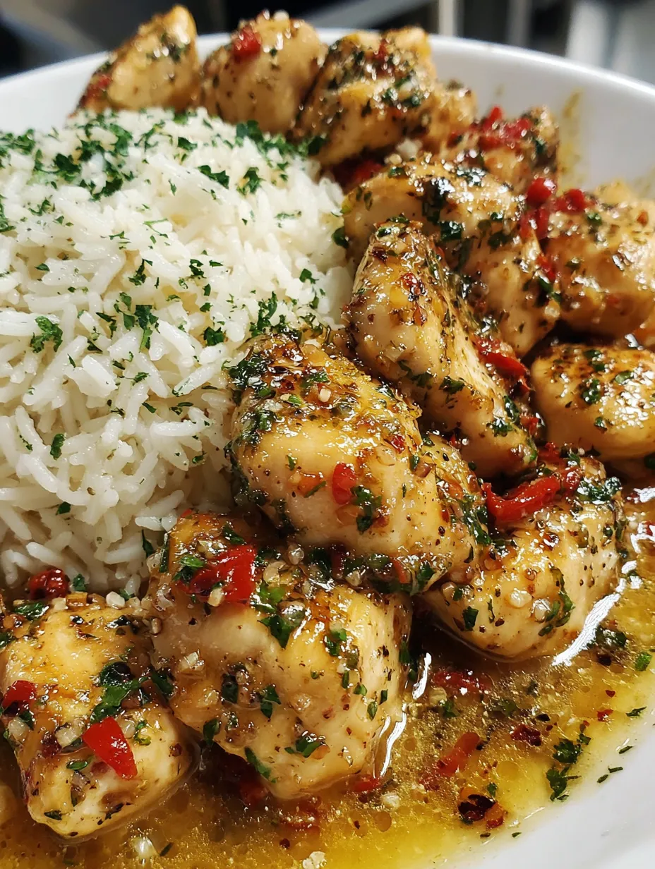 A plate of chicken scampi with creamy garlic parmesan rice.