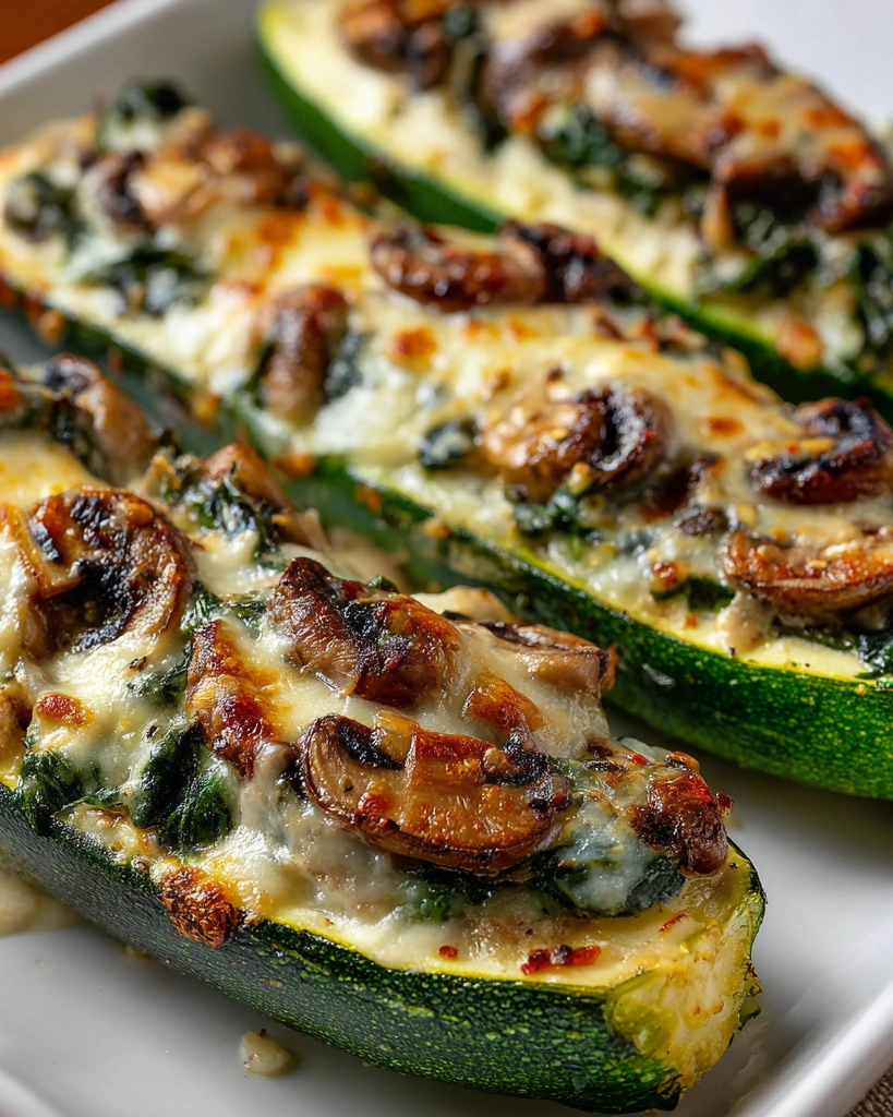 Two stuffed zucchinis with mushrooms and spinach.