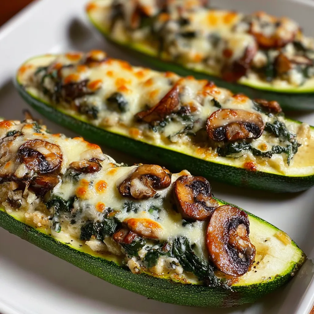 Two stuffed zucchini with mushrooms and spinach.