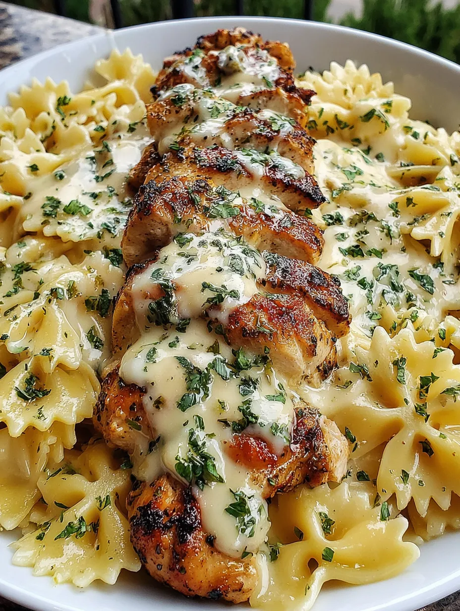 A plate of pasta with chicken and cheese.