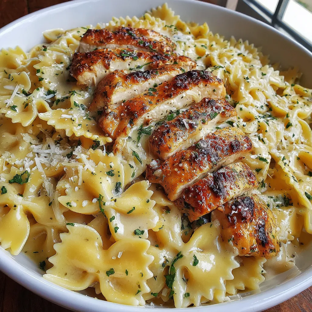 A bowl of pasta with chicken and parmesan cheese.