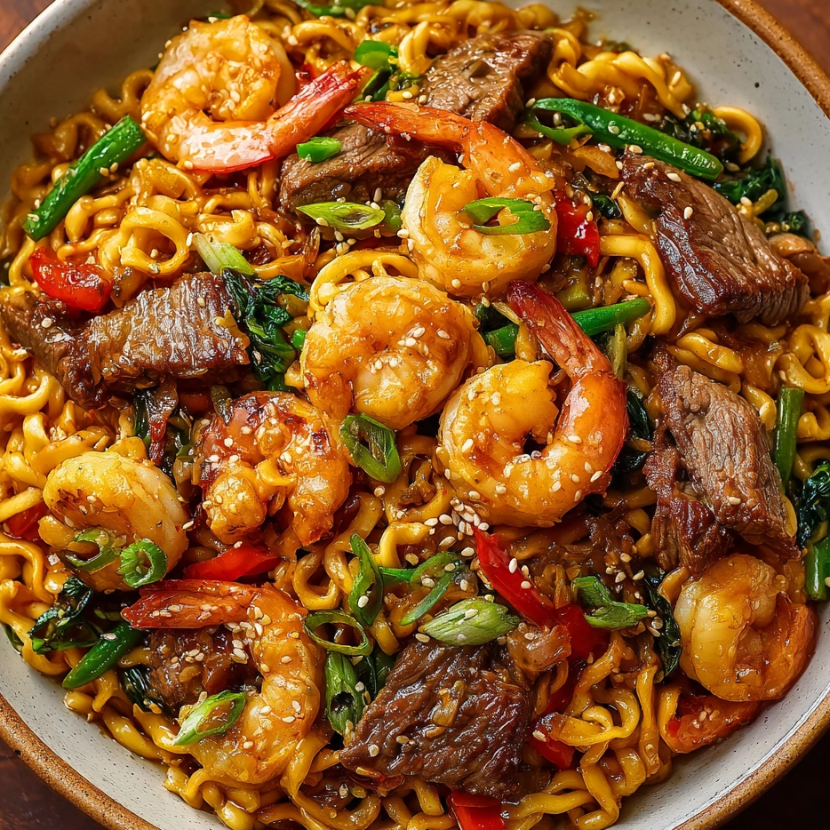 A bowl of stir fry with shrimp, beef, and noodles.