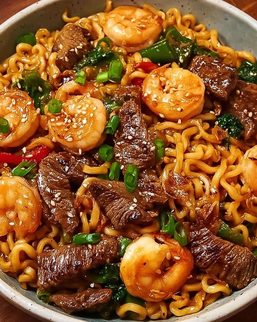 A bowl of stir fry with shrimp, steak, and noodles.