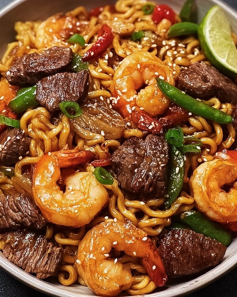 A bowl of stir-fried noodles with shrimp and steak.
