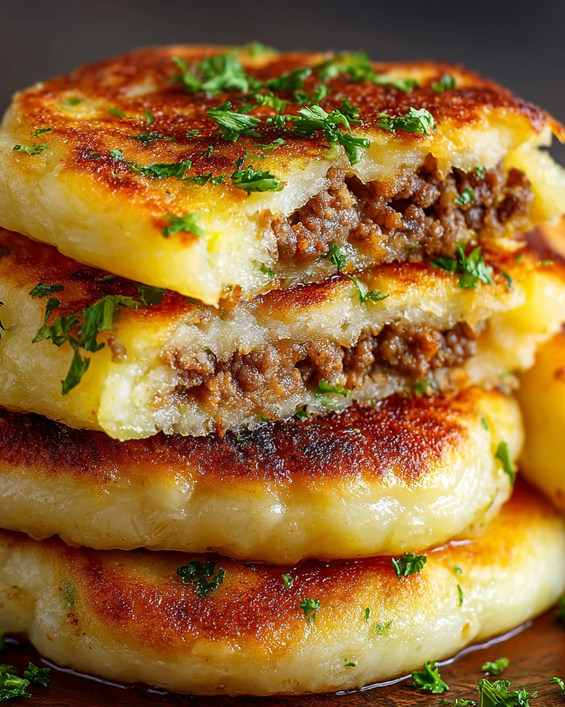 Mashed potato pancakes with meat filling.