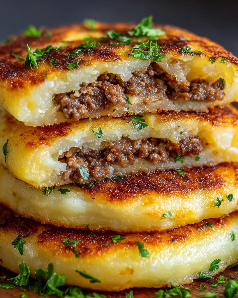 Mashed potato pancakes with meat filling.