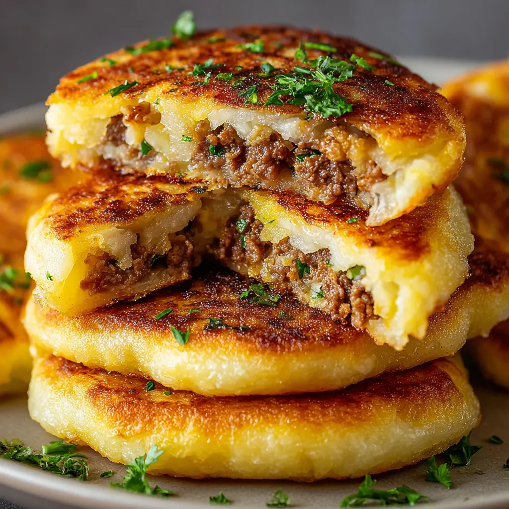 Mashed potato pancakes with meat filling.