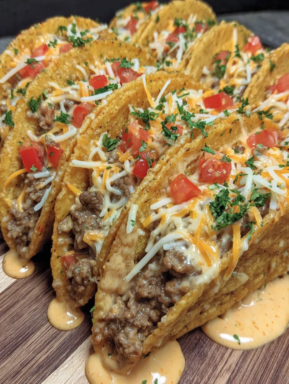 A plate of loaded taco shells with creamy cheese sauce.