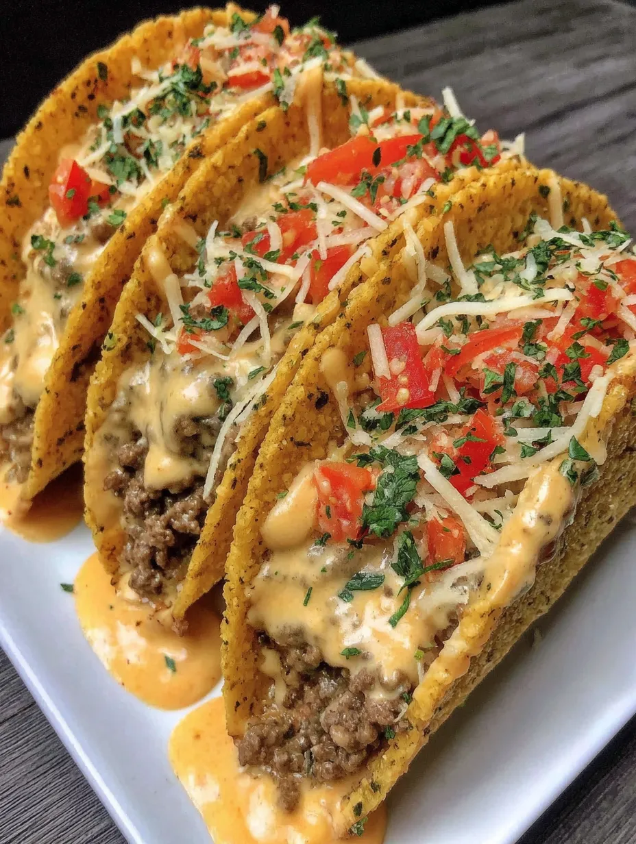 A plate of loaded taco shells with creamy cheese sauce.