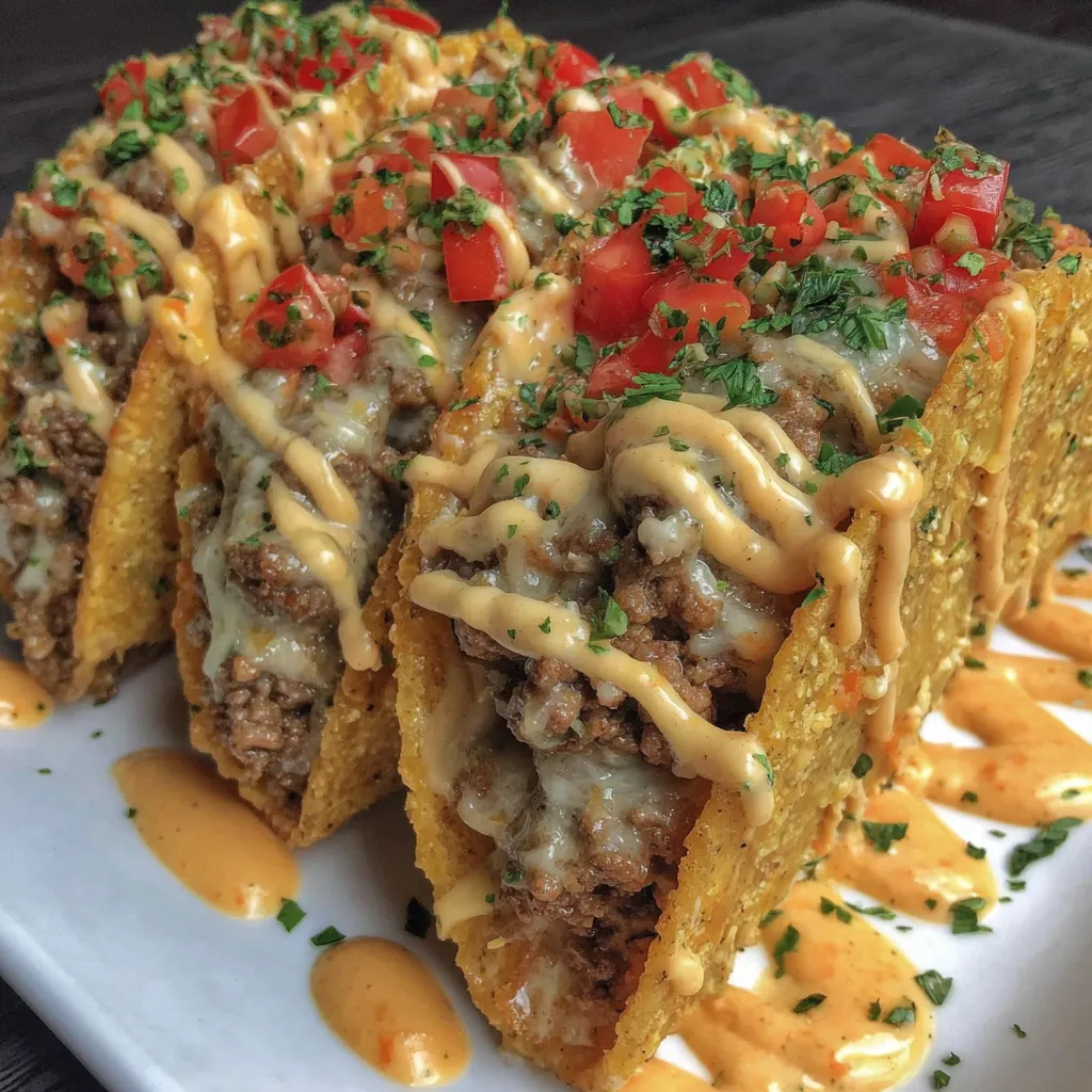 A plate of loaded taco shells with creamy cheese sauce.