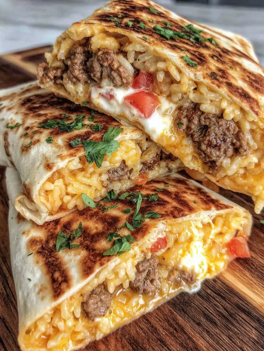 A grilled cheese burrito with rice and meat.
