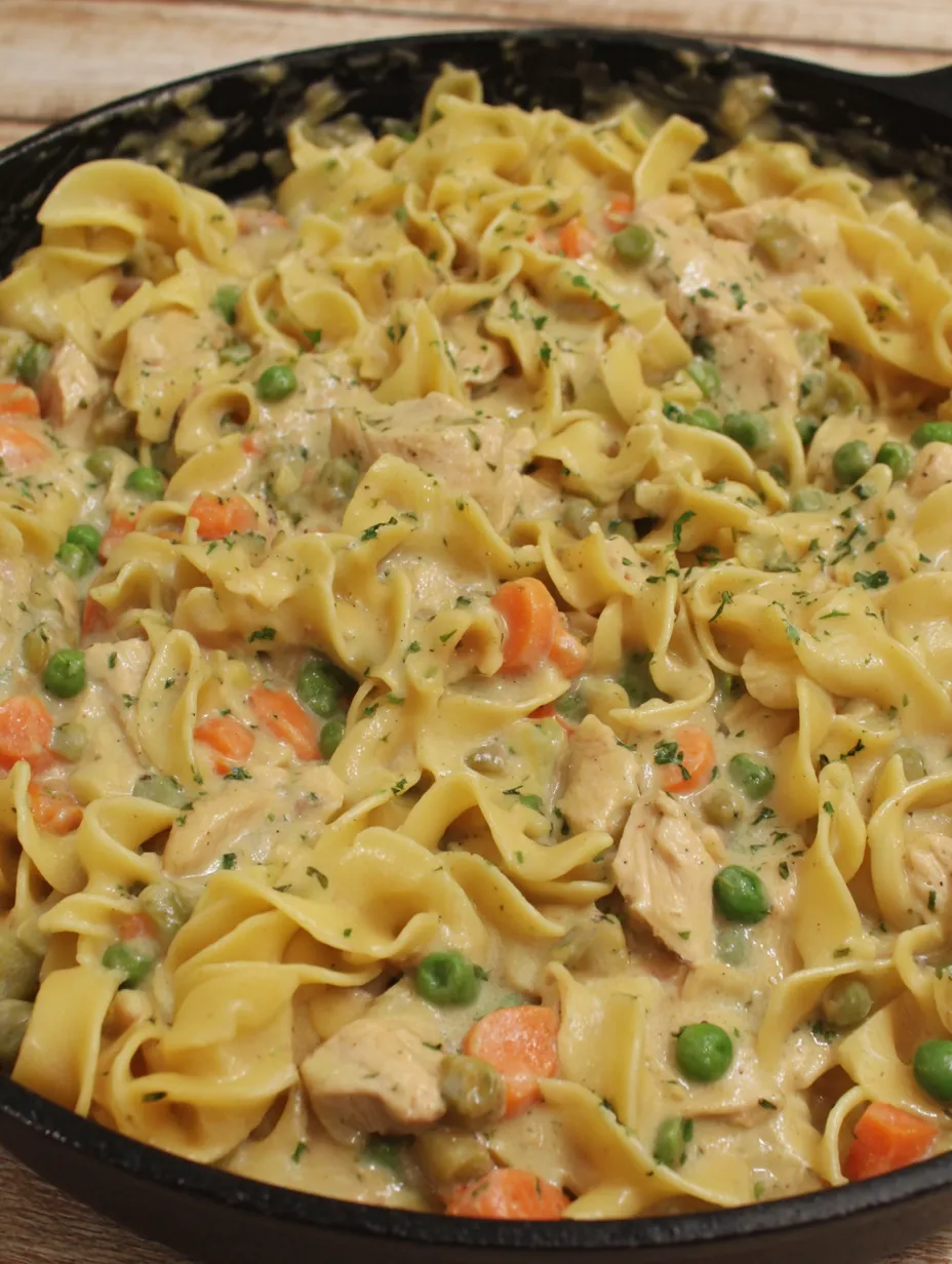 A skillet of creamy chicken pasta.