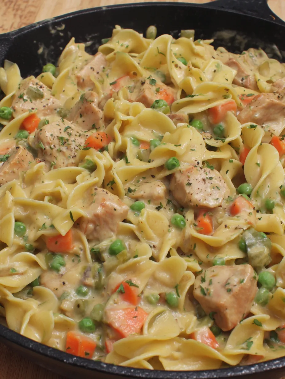 A skillet of creamy chicken pasta with peas and carrots.