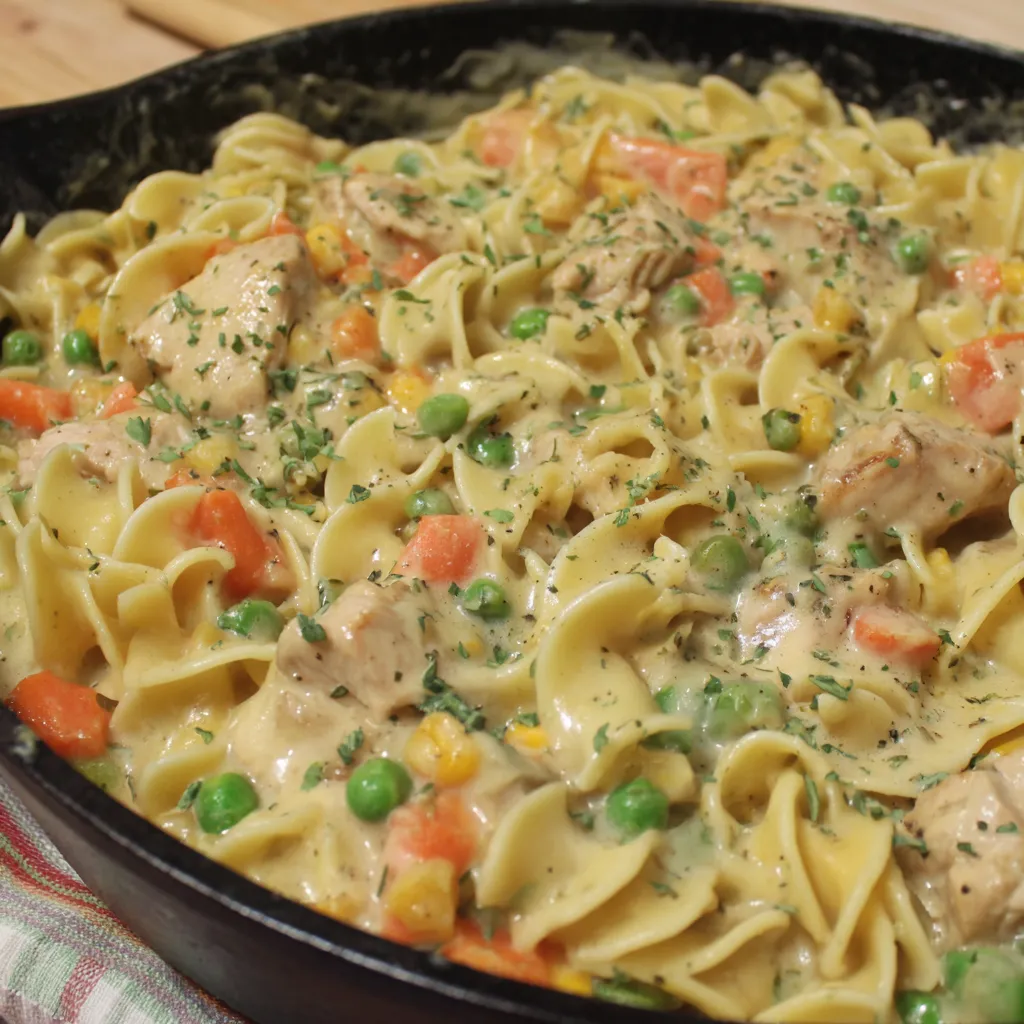 A skillet of creamy chicken pasta.