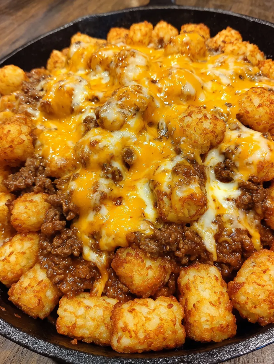 A skillet full of sloppy joe and tater tots.