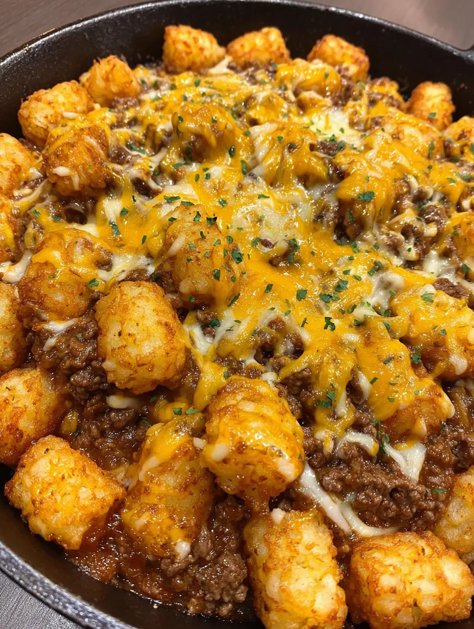 A skillet full of tater tots and cheese.