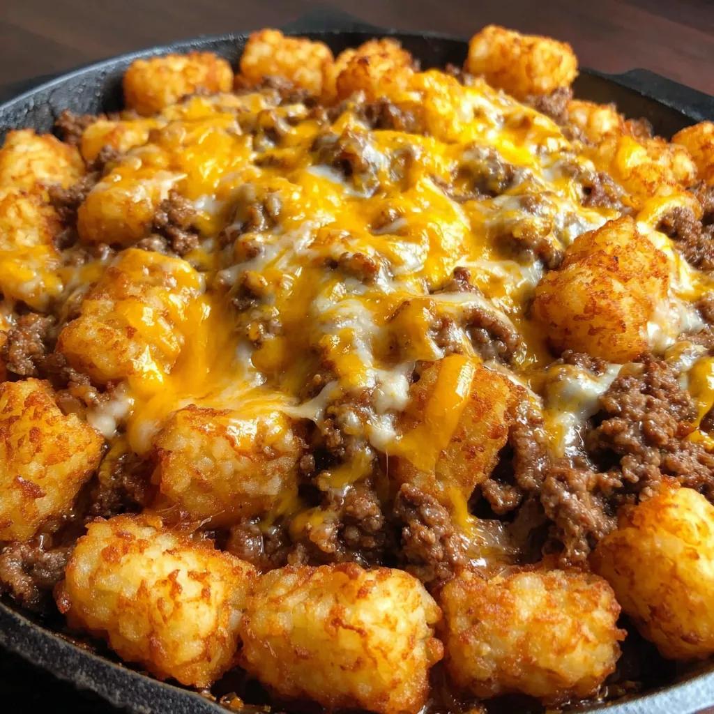 A skillet full of tater tots and meat.