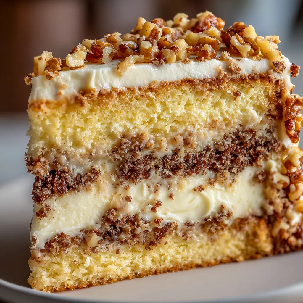 A slice of white German chocolate cake with cheesecake center.