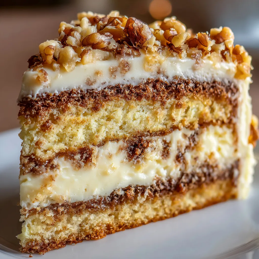 A slice of white German chocolate cake with a cheesecake center.
