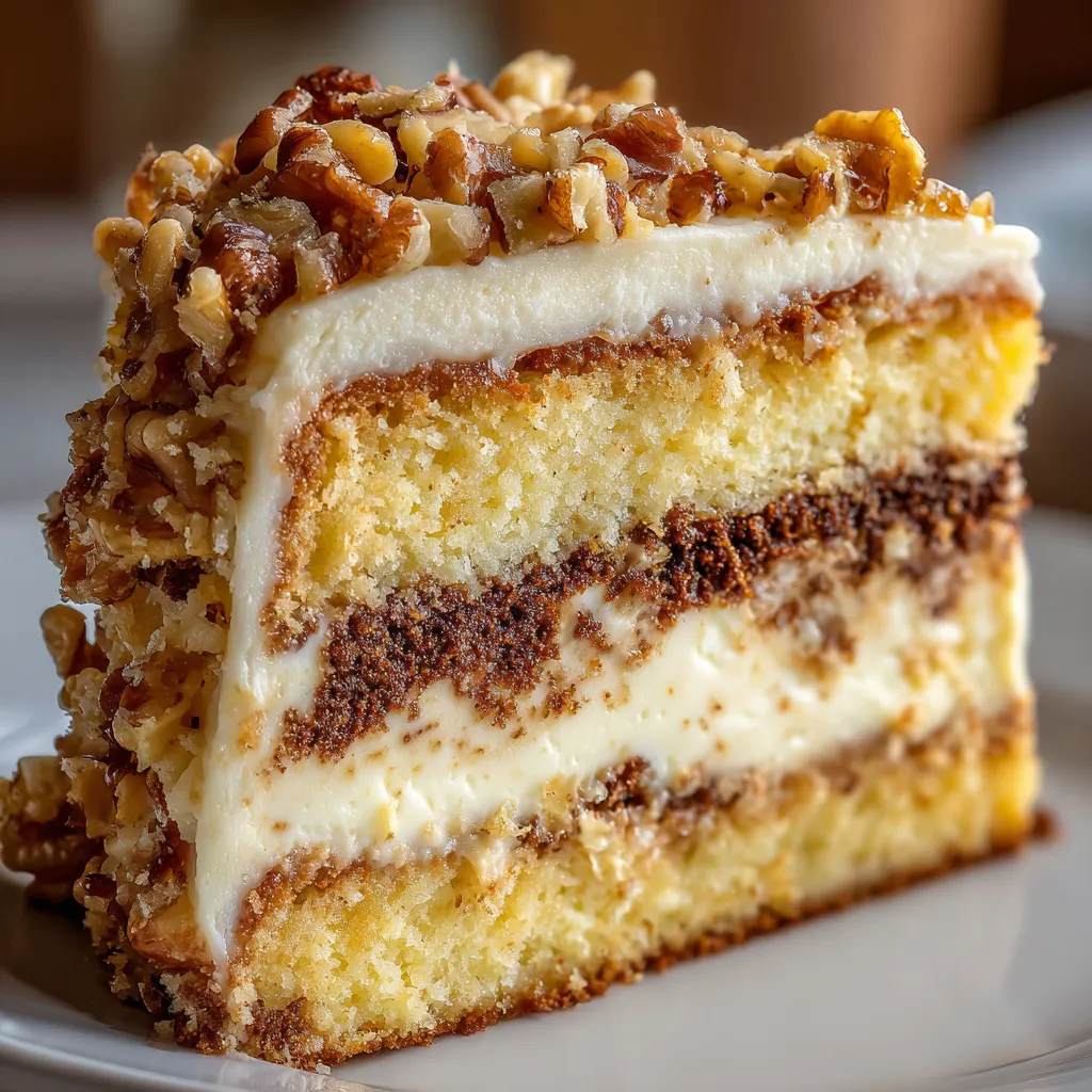 A slice of white German chocolate cake with cheesecake center.