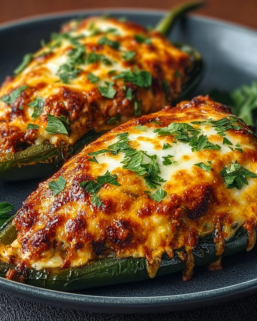 Two baked chili rellenos on a plate.