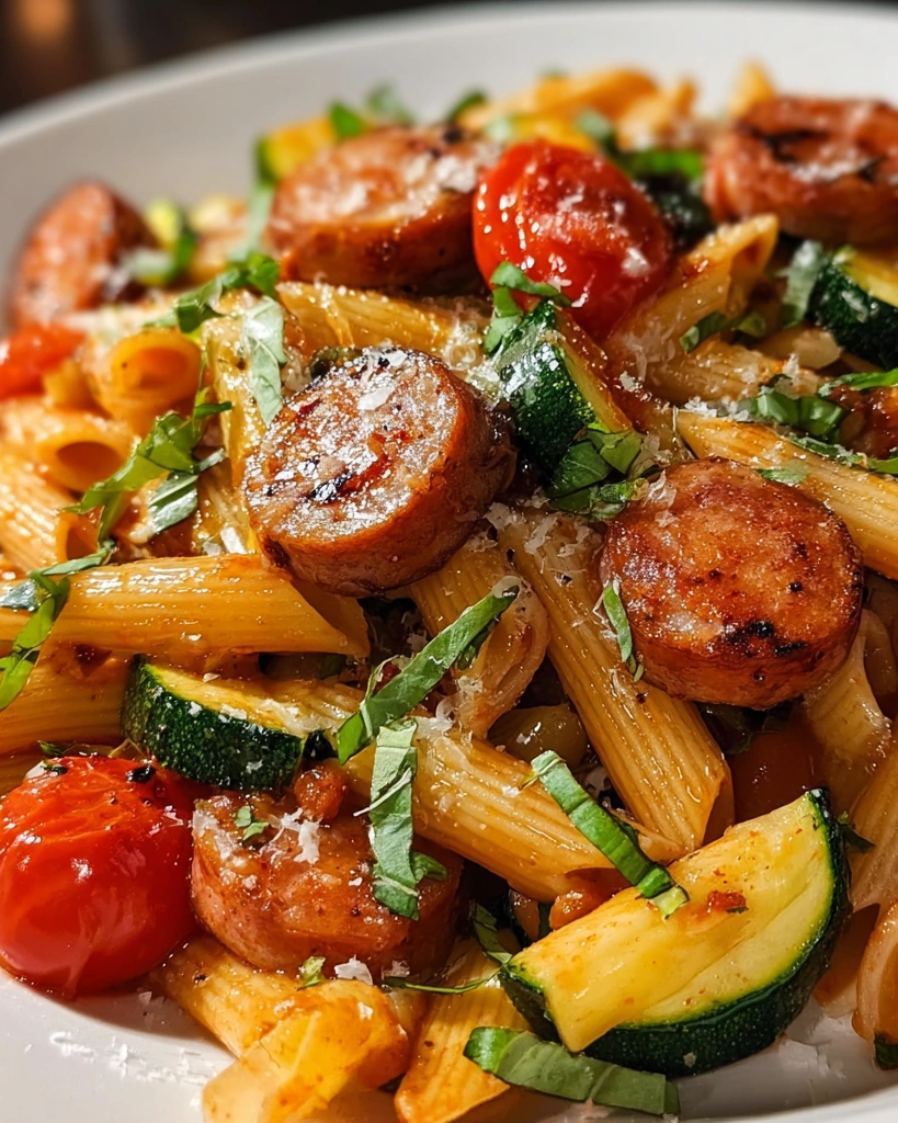 A plate of pasta with chicken sausages and zucchini.
