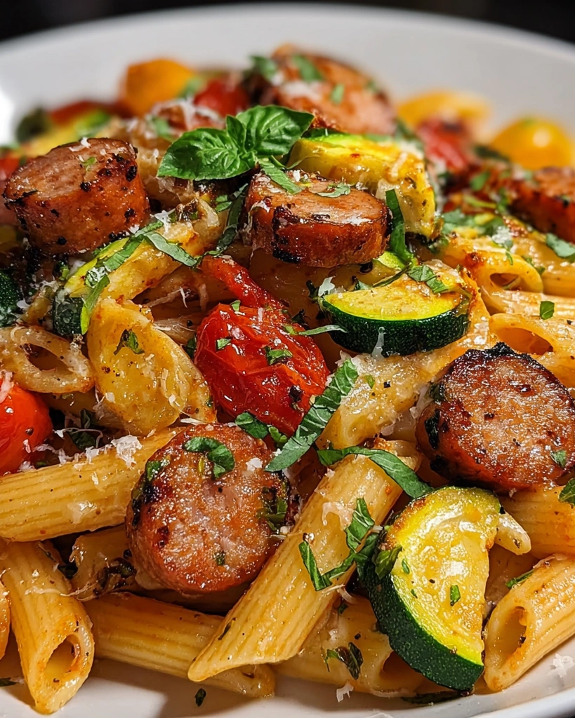 A delicious meal of chicken sausages with zucchini, tomatoes, and pasta.