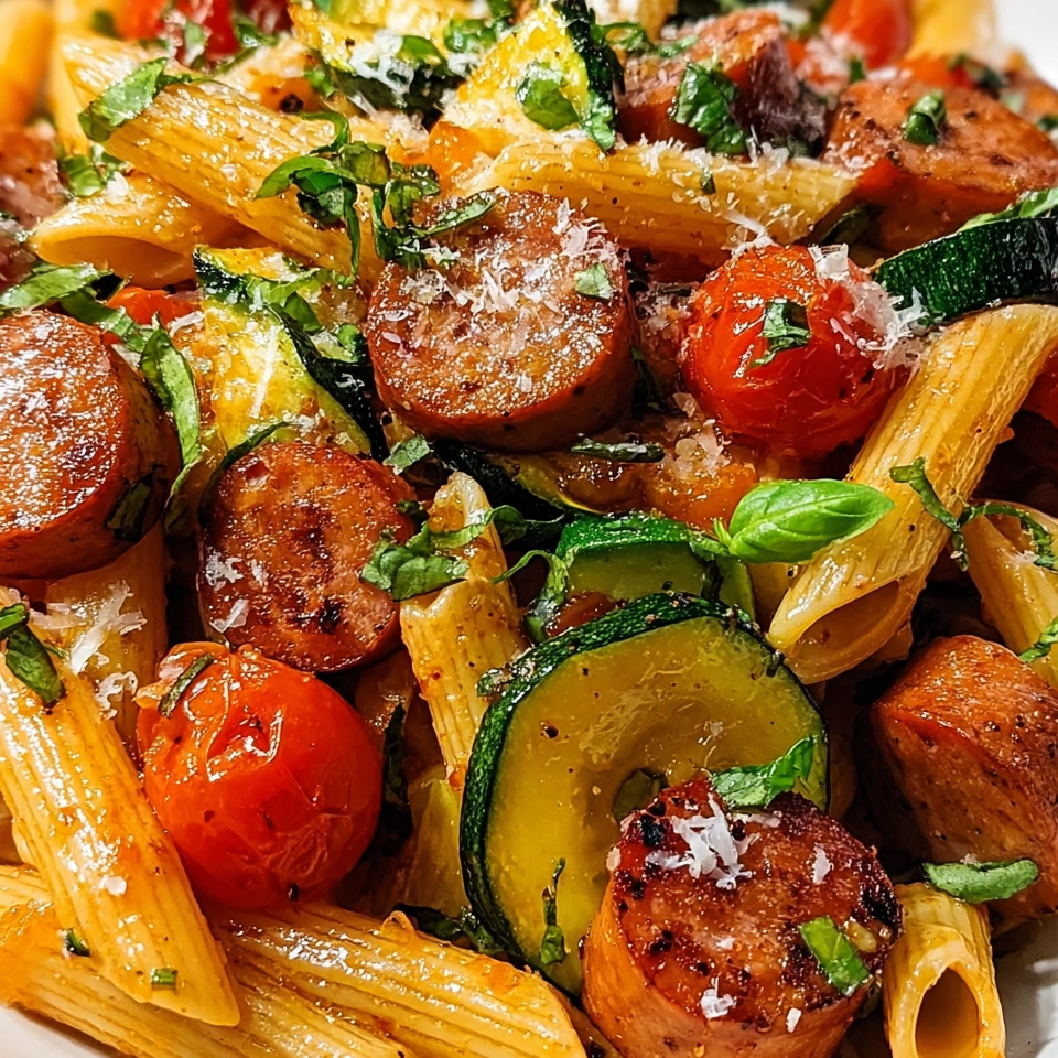A plate of pasta with chicken sausages and vegetables.