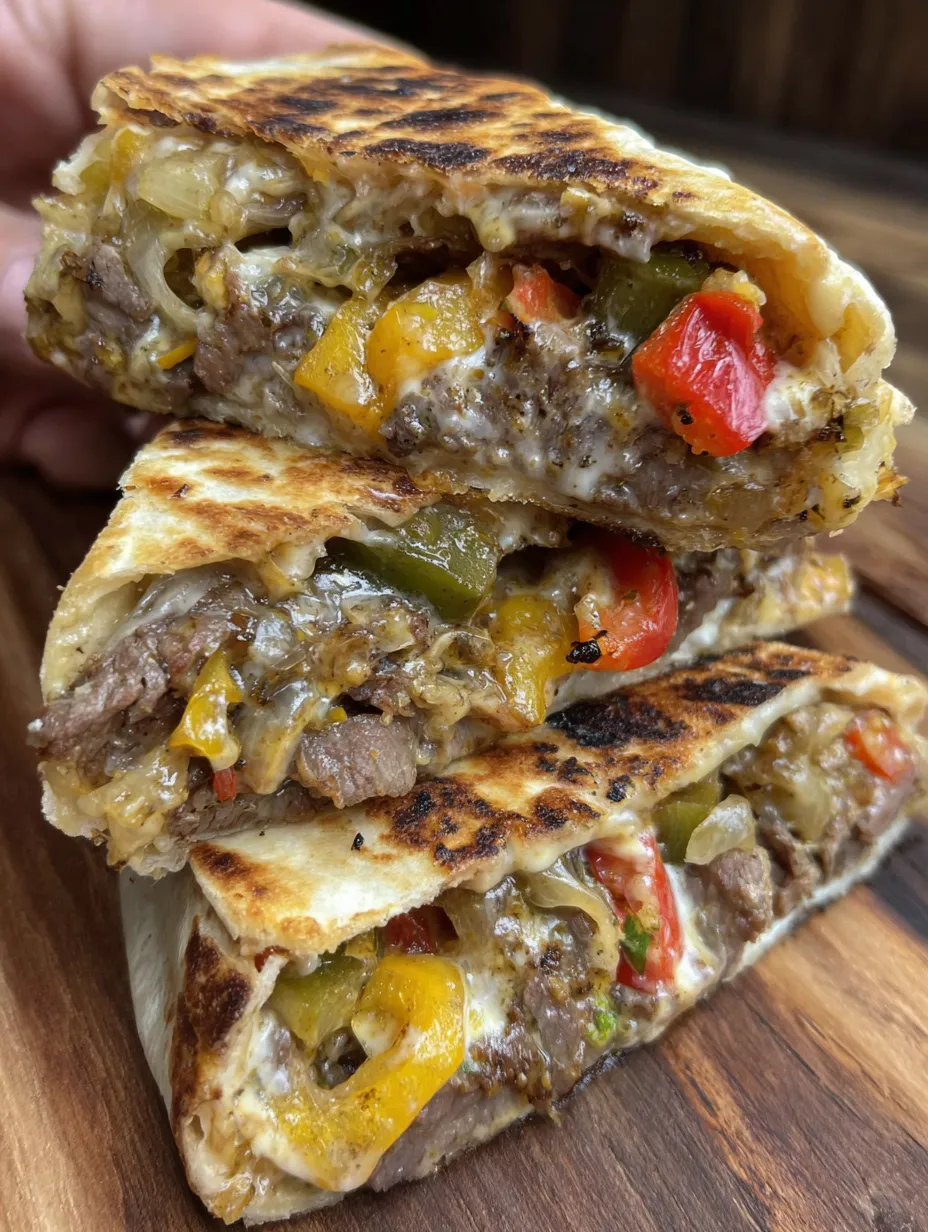 A close up of a steak fajita crunch wrap.