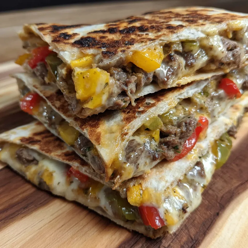 A stack of steak fajita crunchwraps on a table.