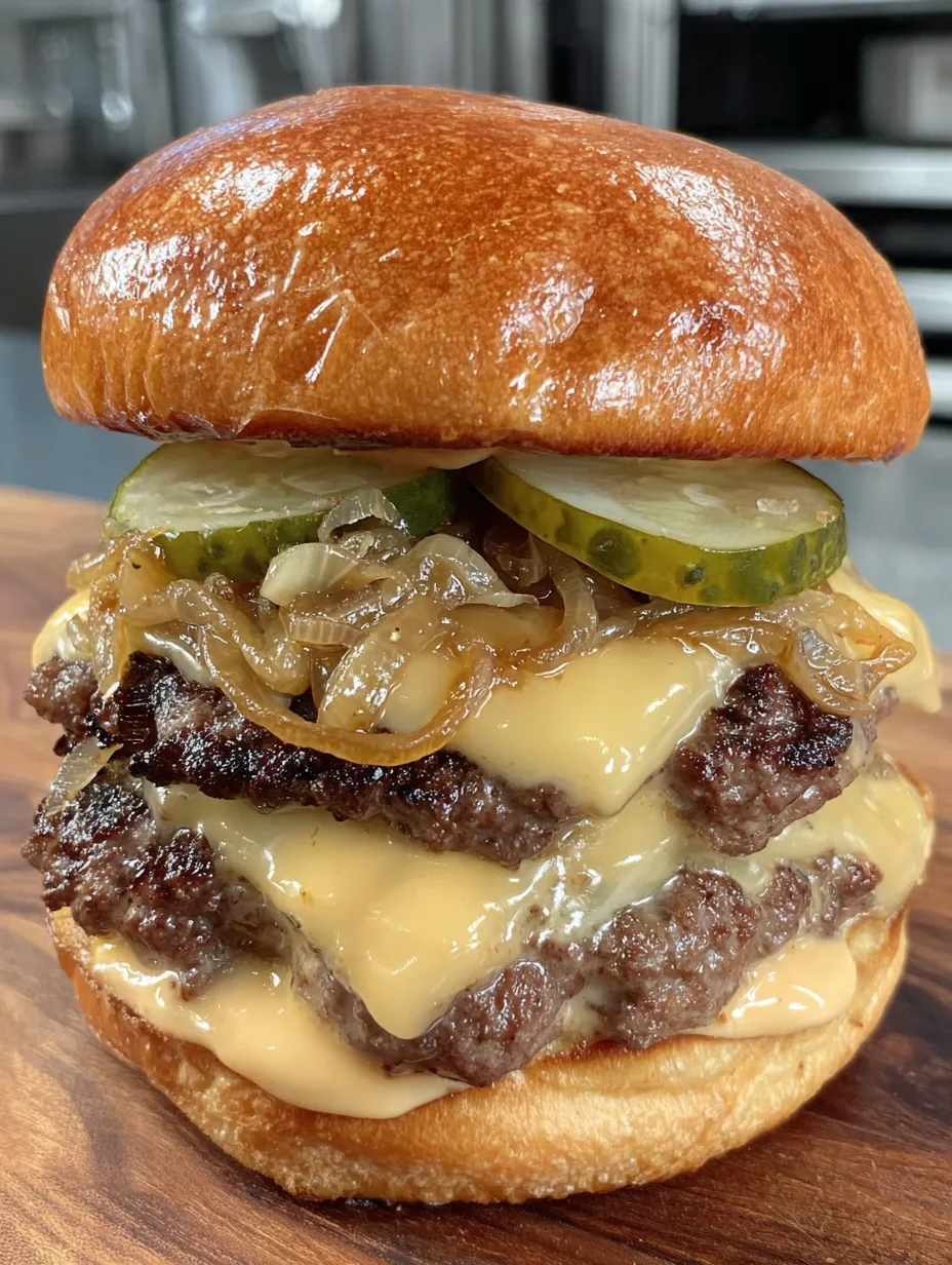 A smash burger with caramelized onions.