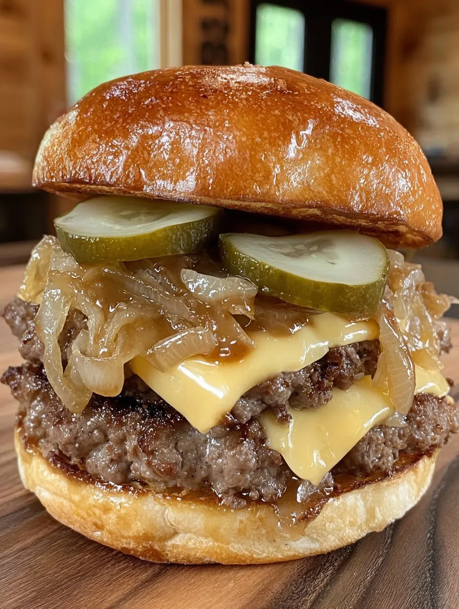A smash burger with caramelized onions.