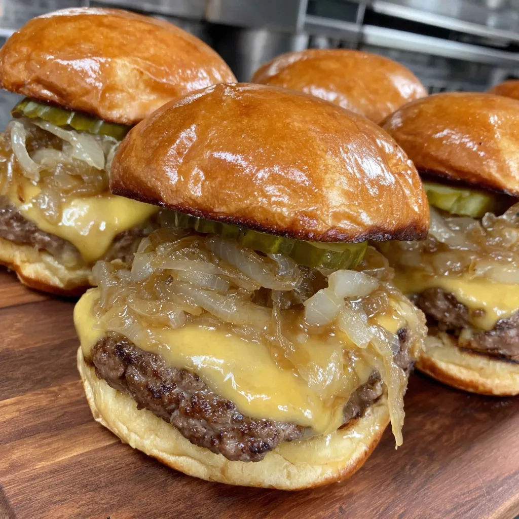 Two smash burgers on a griddle with caramelized onions.