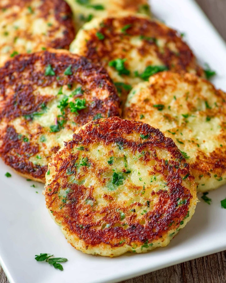 Crispy Parmesan Potato Cakes on a white plate.