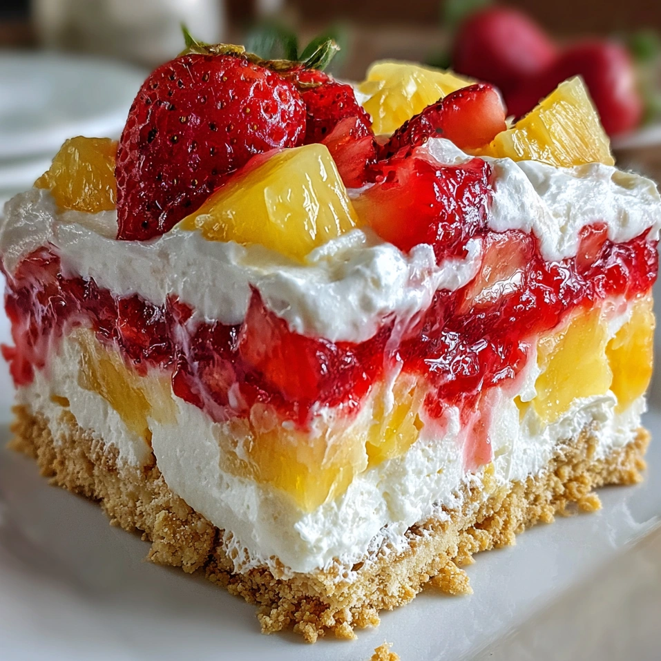 A slice of tropical no-bake strawberry split cake.