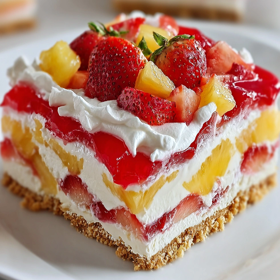 A slice of a tropical no-bake strawberry split cake.